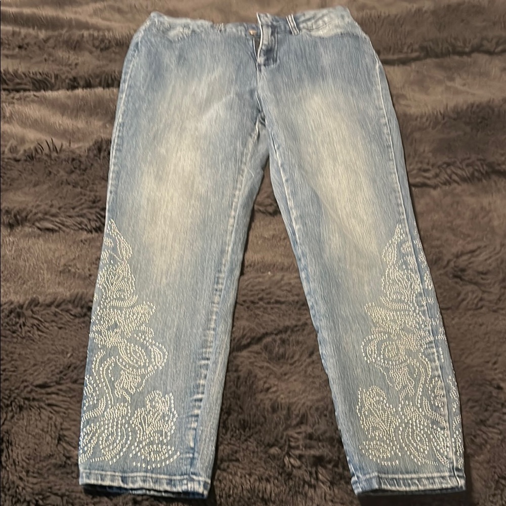 Soft Surroundings Blue Skinny Jeans with Embroidered Details